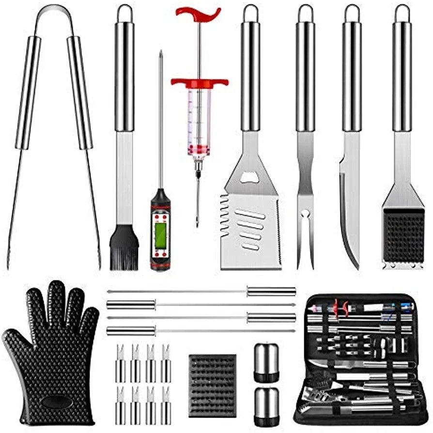 Grill Accessories, BBQ Tools Set, 25PCS Stainless Steel Grilling Kit for Smoker, Camping, Kitchen, Barbecue Utensil Gifts for Men Women with Thermomet