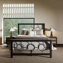 Twin Size Metal Platform Bed Frame with Modern and Vintage Style Headboard, Black