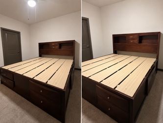 King Size Solid Wood Storage Bed Frame with Bookcase Headboard