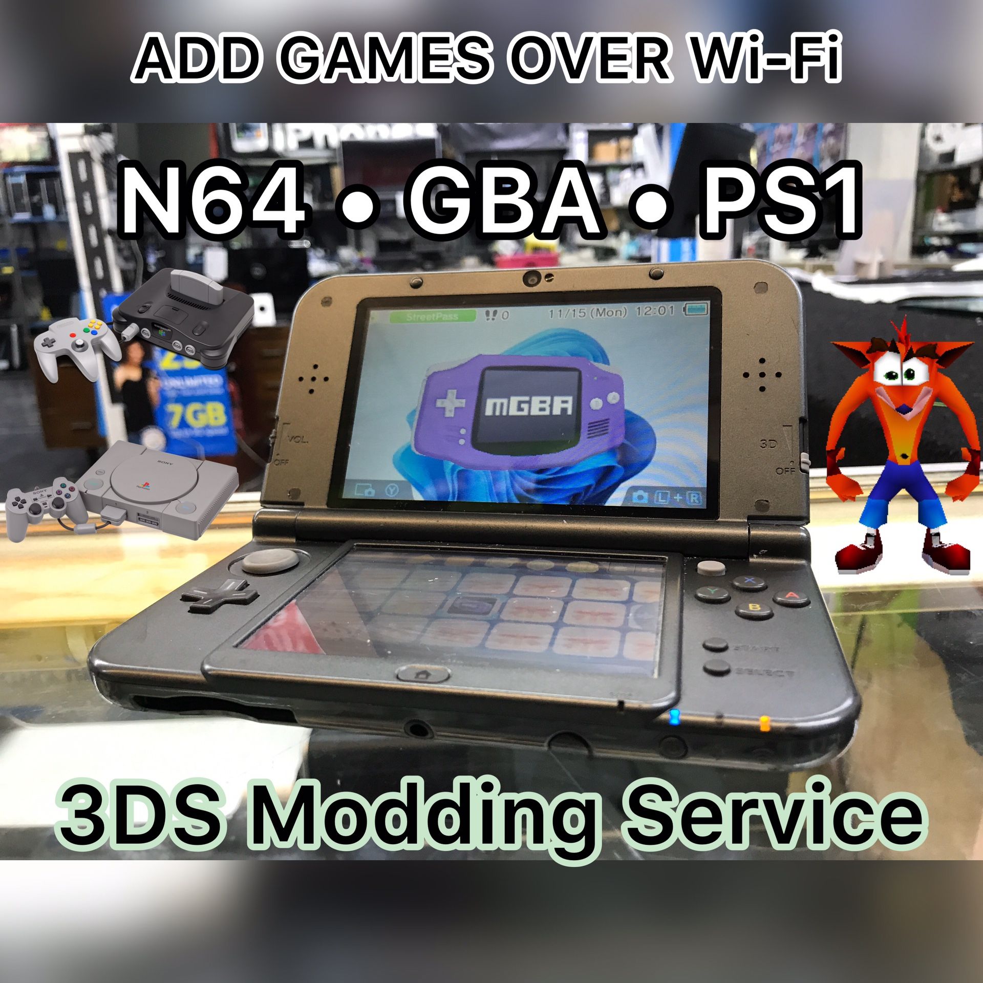 Service to Homebrew Nintendo 3DS System | Play Games From N64 PS1 GBA SNES | Add more yourself Easily for Sale in Dallas, TX - OfferUp