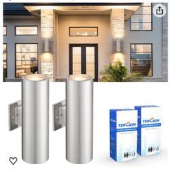 TENGXIN Outdoor Wall Light,2 Pack Modern Outdoor Wall Sconce with Stainless Steel Cylinder,Brushed Nickel Finsh Wall Mount Light,E26 Socket,IP65