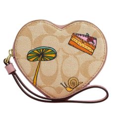 NWT Coach X Observed By Us Heart Coin Case Small Wristlet CU405 LT KHAKI LT PINK