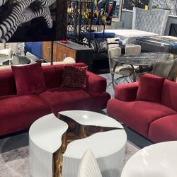 2 PIECE SOFA+LOVESEAT RED VELVET SHINY