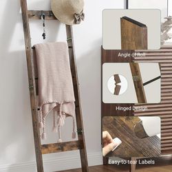 Rustic Wood Ladder Rack with Hooks, blanket ladder for living room or bathroom