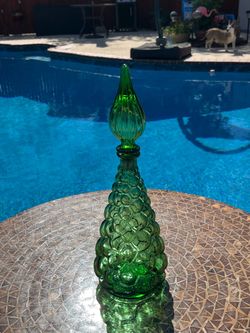 1960’s Vintage Green Bubble Glass Empoli Genie Bottle/ Decanter with a Stopper Mid Century Modern