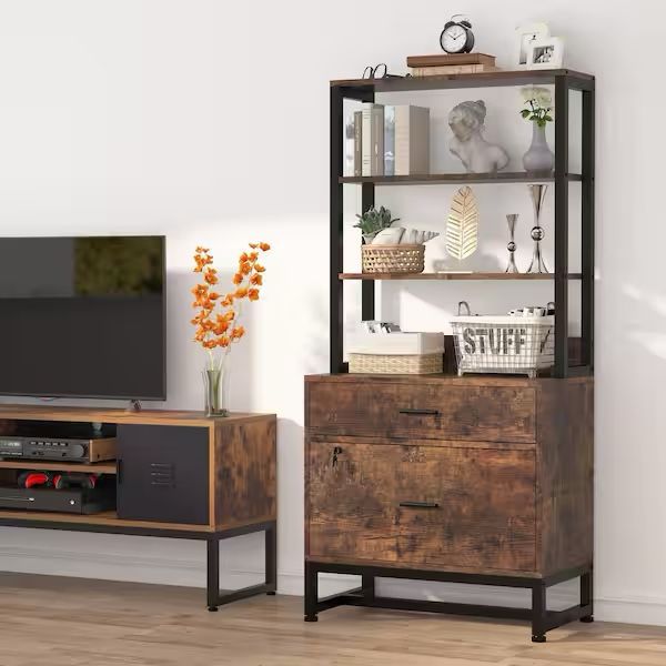 Cindy 2 Drawers Rustic Brown Wood 29.5 in. W Vertical File Cabinet Printer Stand with 4 Shelves Home Office