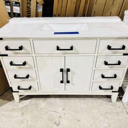 48” Single Sink Bathroom Vanity in White Oak with Marble Top in White and Black Handles  $699 