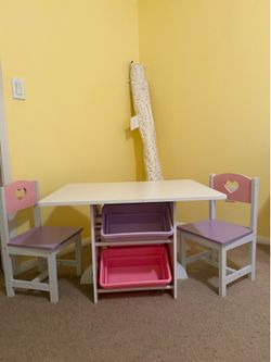 Kids desk and two chairs with storage