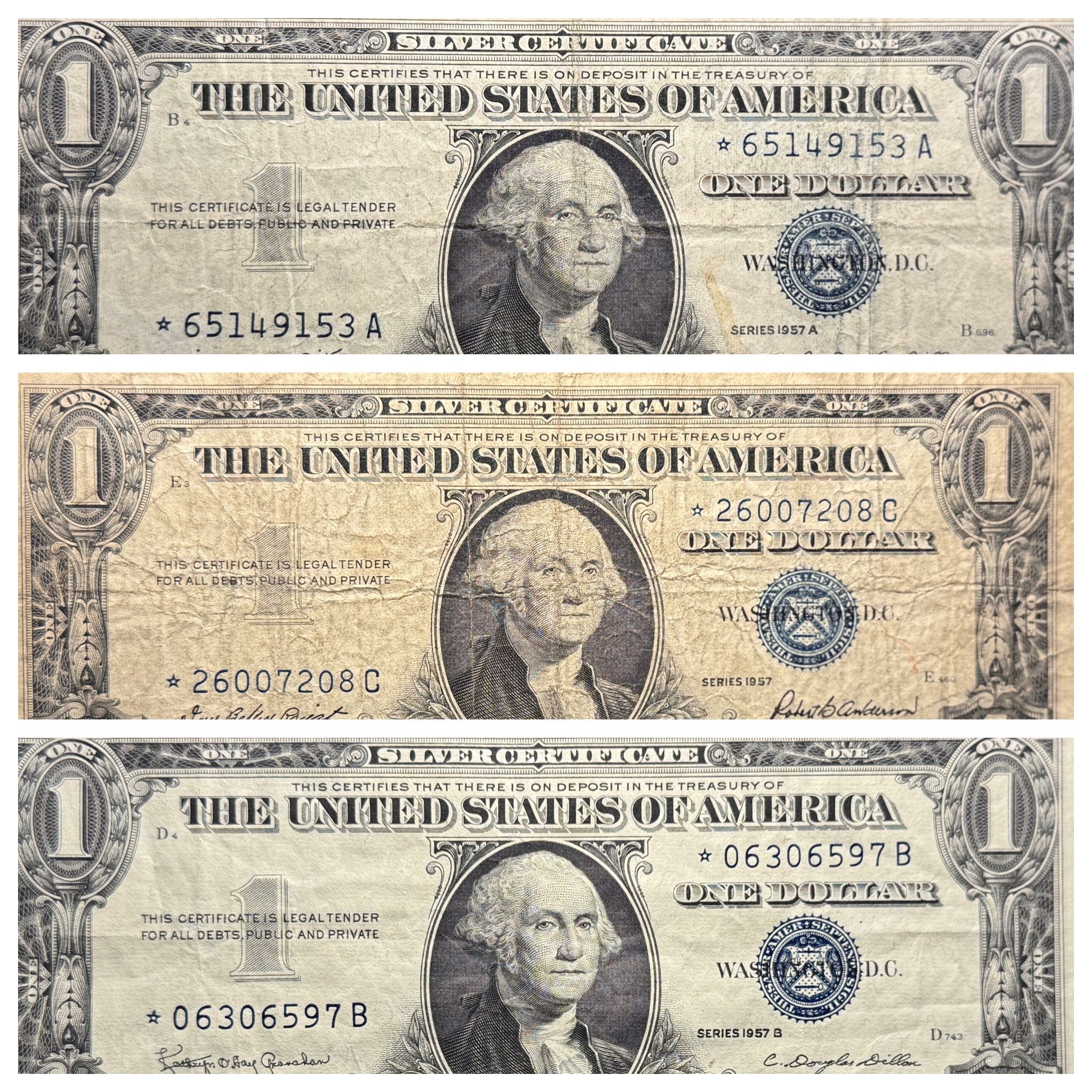 THREE Star Notes! 3 1957 STAR Notes 1957, 1957A, 1957B, SILVER Certificates!