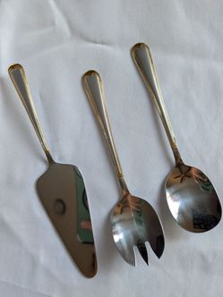 Stainless Steel Serving Set with Gold Accents – 3-Piece, New/Unused