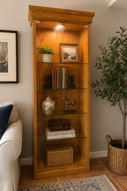 Tall Oak Curio Display Cabinet w/ Glass Doors, Shelves & Light – 81”