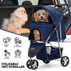 MoNiBloom 3 Wheels Pet Stroller, Foldable Dog Cat Cage Jogger Stroller with Weather Cover for All-Season, Storage Basket and Cup Holder, Breathable an