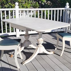 Vintage, solid wood table w/extensions + 2 chairs