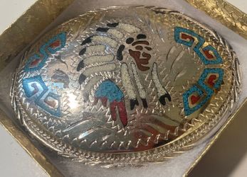 Vintage Metal Belt Buckle, Nice Silver and Red and Blue Crushed Turquoise Stones, Native Person Design, 4" x 3", Cowboy Style, Heavy Duty, Quality
