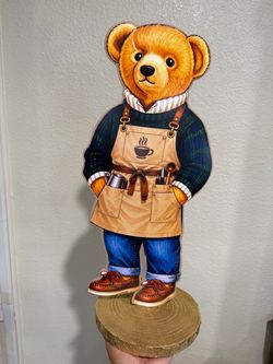 Barista Teddy Bear Wooden Cutout Decor