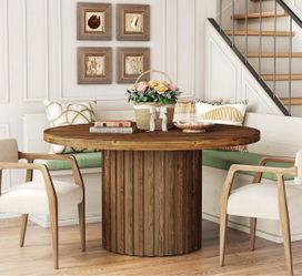 new assembled 47 Inch Round Dining Table for 4-6, Farmhouse Wood Kitchen Table with Striped Pedestal Base, Circle Wooden Dining Room Furniture for Kit