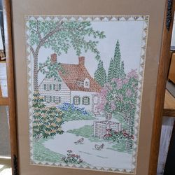Embroidery Cottage Scene In Antique Frame 