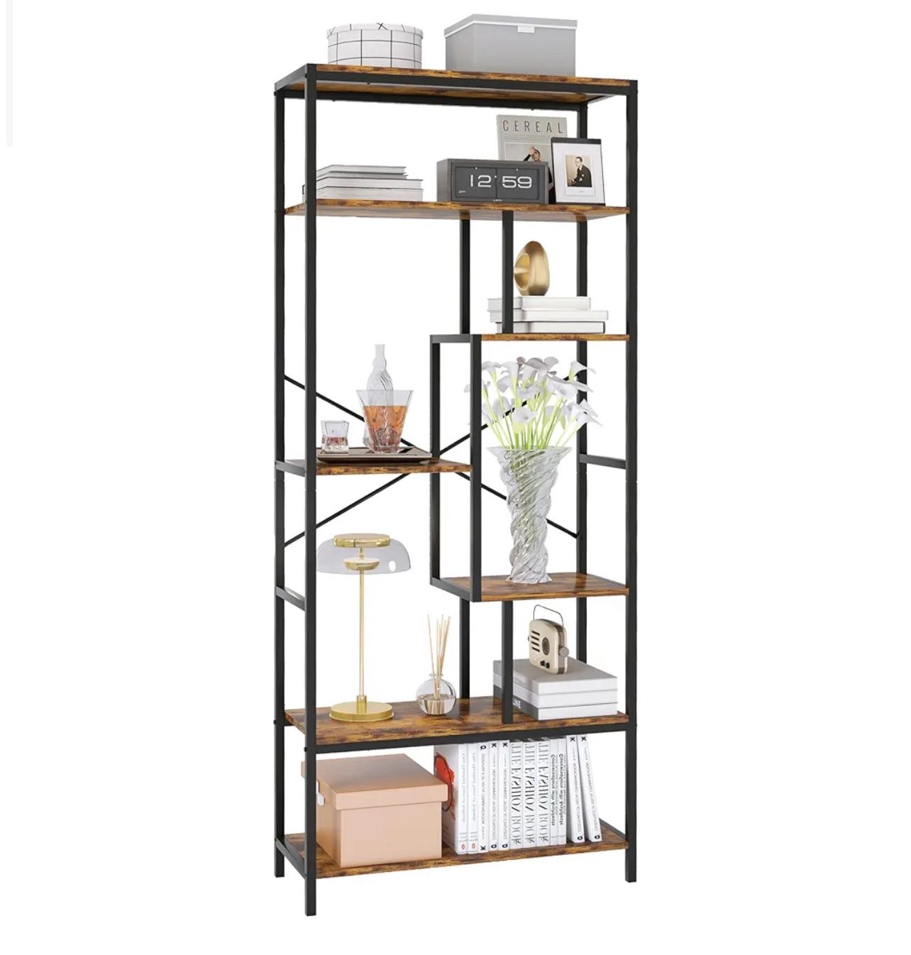 Brand New In The Box- Bookshelf, Industrial 4-Tier Etagere Bookcase, 70.8" Tall Bookshelf with 7 Enlarged Storage Shelf, Book Shelf Display Tack Shelv