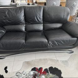 Carlo Perazzi genuine black leather couch, loveseat, chair and ottoman. Complete set with chrome hardware