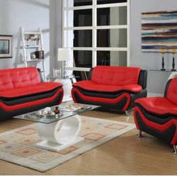3 Pc Red Black Leather Livingroom Set.$25 Down, Take Home.90 Days Same As Cash.