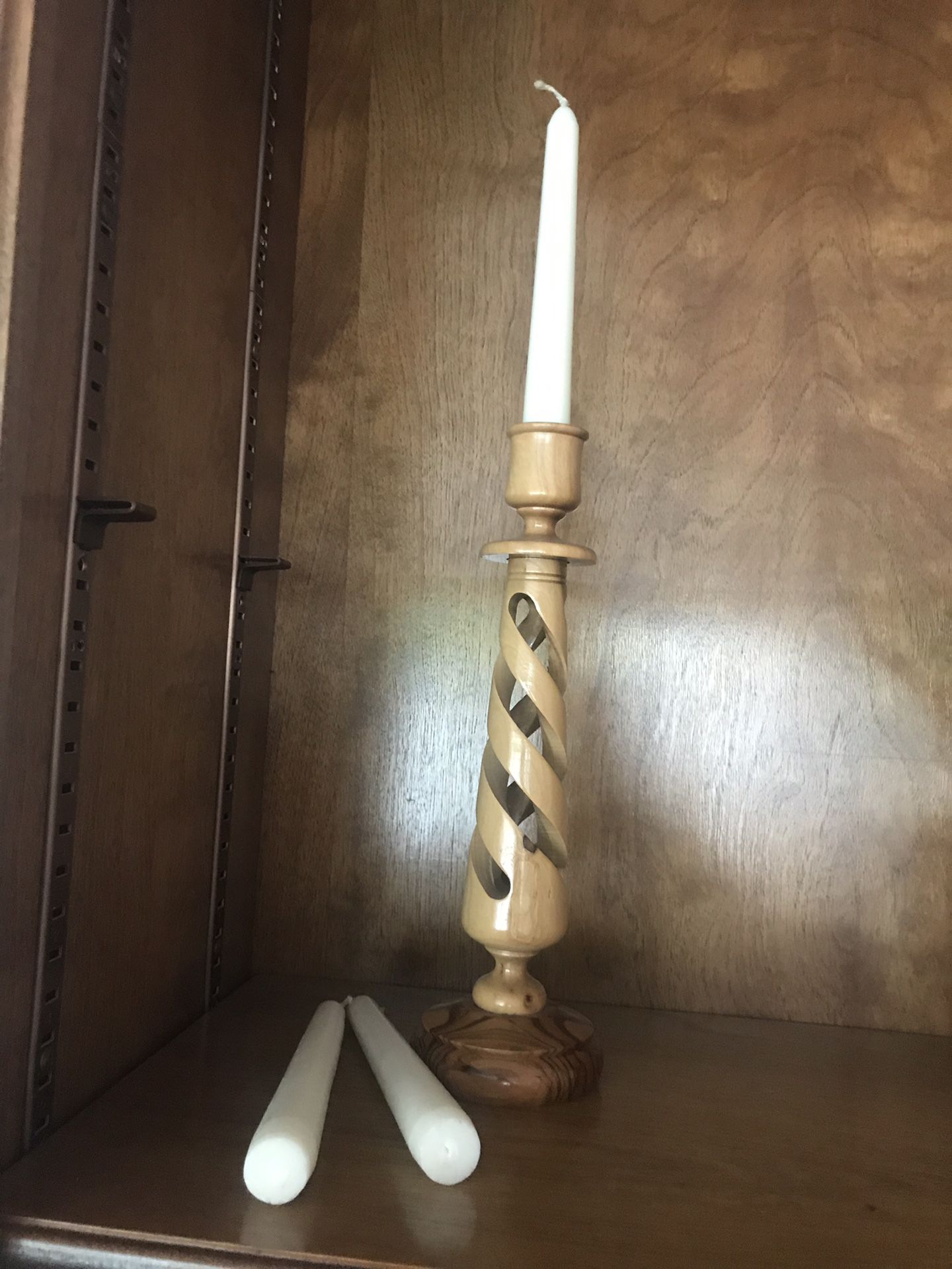 Wood candlestick candle holder and 3 candles