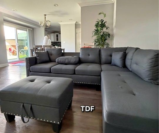 Brand New Charcoal Linen Sectional Sofa +Storage Ottoman (New In Box) 