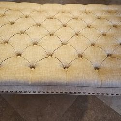 Large, Upholstered, Button-Tufted Ottoman with Wooden Legs