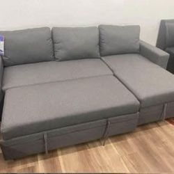 New Gray Sectional With Pop Up Sleeper Bed And Storage Sofa Couch 