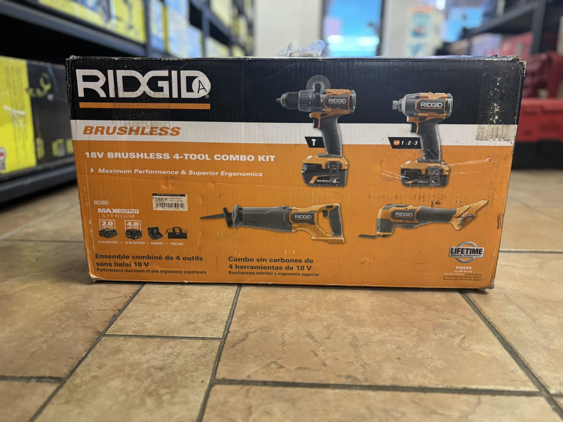 Ridgid 18V Brushless Cordless 4-Tool Combo Kit with (1) 4.0 Ah and (1) 2.0 Ah MAX Output Batteries, 18V Charger, and Tool Bag