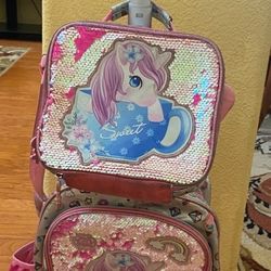 Unicorn Roller Backpack With Lunch Box 