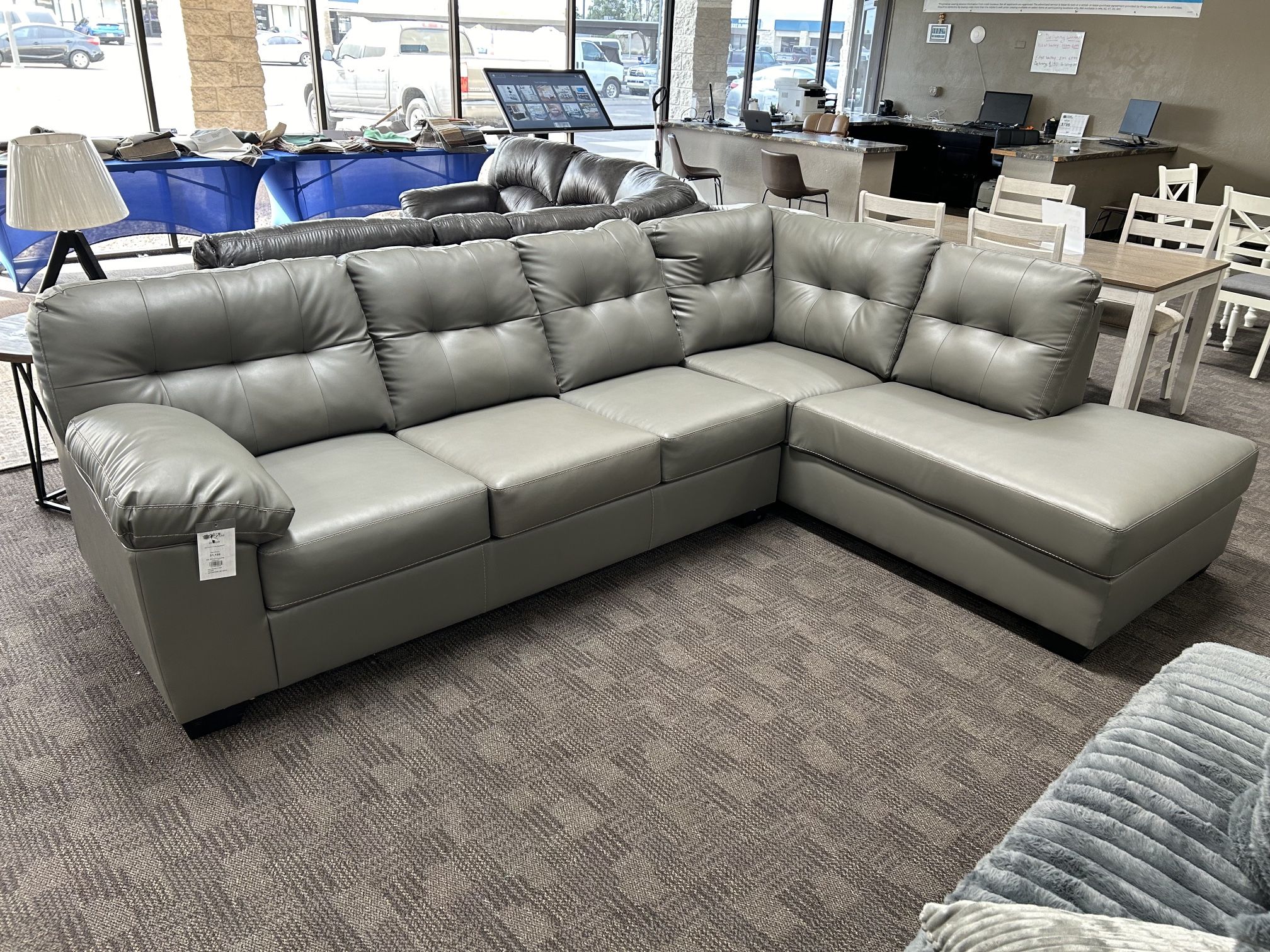 Grey Leather Tufted Sectional Couch