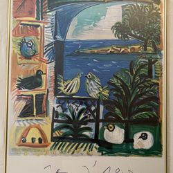 Picasso Lithograph Name: Côte d'Azur.  Sunlit balcony,  birds, trees, water.