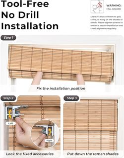 UNISHADES No-Drill Bamboo Roman Shades — 29x48 Natural