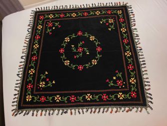 Black Velvet Cross-Stitch Embroidered throw/blanket/Textile with Fringe