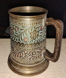 Vintage Hand-Etched Brass Tankard Mug