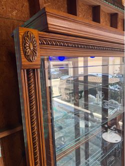 Large Lighted Oak Glass Display Curio Cabinet w/ Sliding Locking Doors