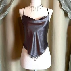 VICTORIA'S SECRET ADJUSTABLE GREY  SILVER SATIN SILK BEADED BACKLESS HALTER CAMI TOP ONE SIZE FITS ALL