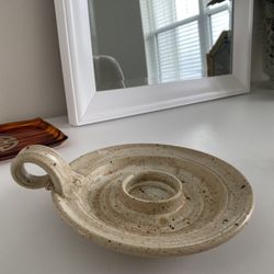 Wagner Signed Studio Art Pottery Candle Holder Beige  Speckled Flat Finger Loop