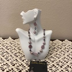 NWT Vintage Cookie Lee Genuine Crystal & Cat’s Eye Necklace and Matching Earrings Set