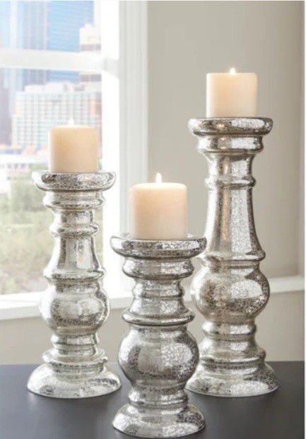 ☆ Rosario Silver Finish Candle Holder, Set of 3/ Delivery Available 