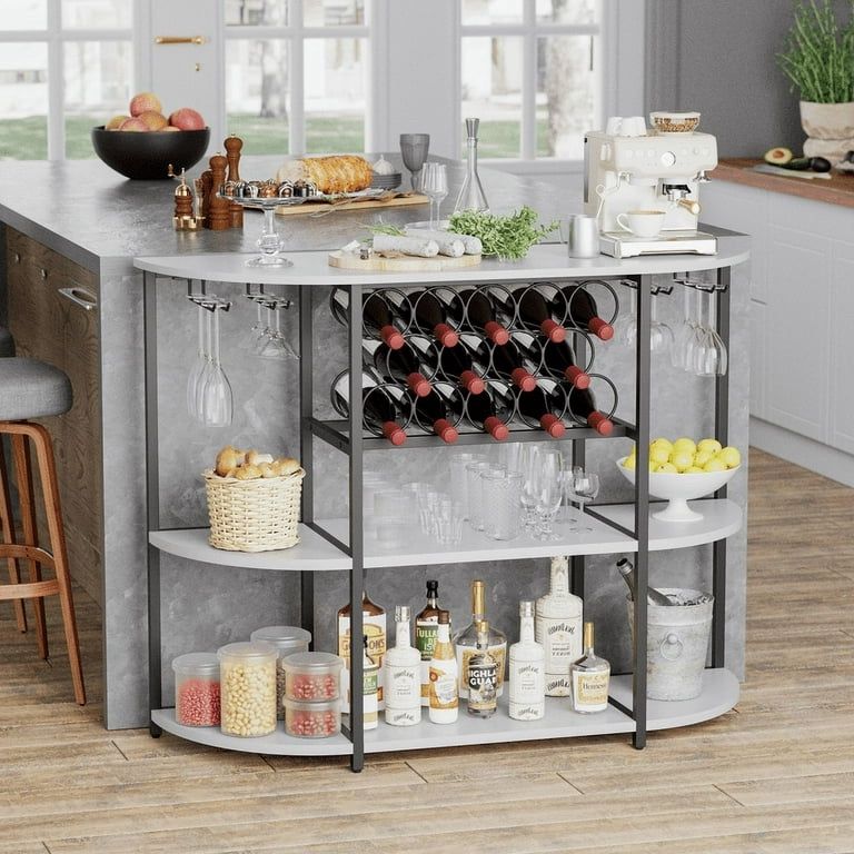New Wine Rack Table with Plug and LED Light, Floor Bar Cabinet for Liquor and Glasses, Wooden Coffee Bar Cabinet with Adjustable Wine Rack, Freestandi