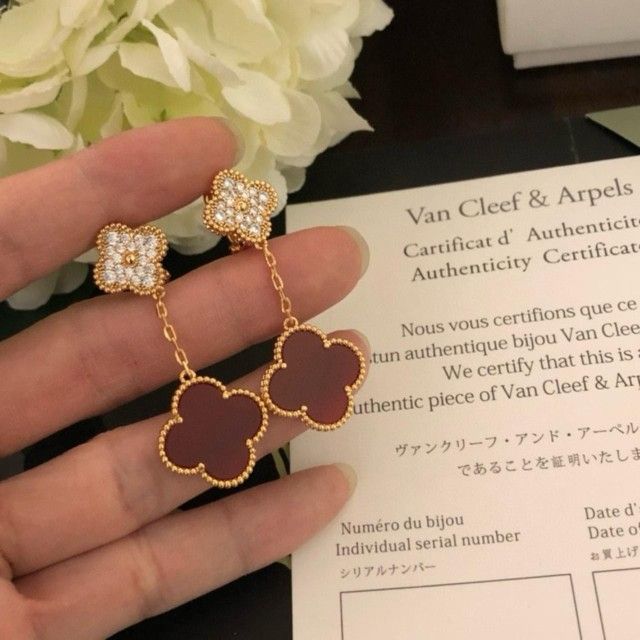 Van Cleef & Arpels Jewelry Red Mica Clover Earrings