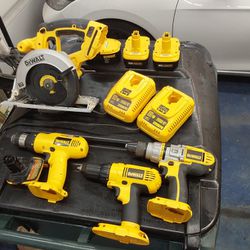 Dewalt Tools 18 Volt - 3  Drills, 1 Saw, 3 Batteries, 2 Chargers, And 1 18-20 Volt Addapter