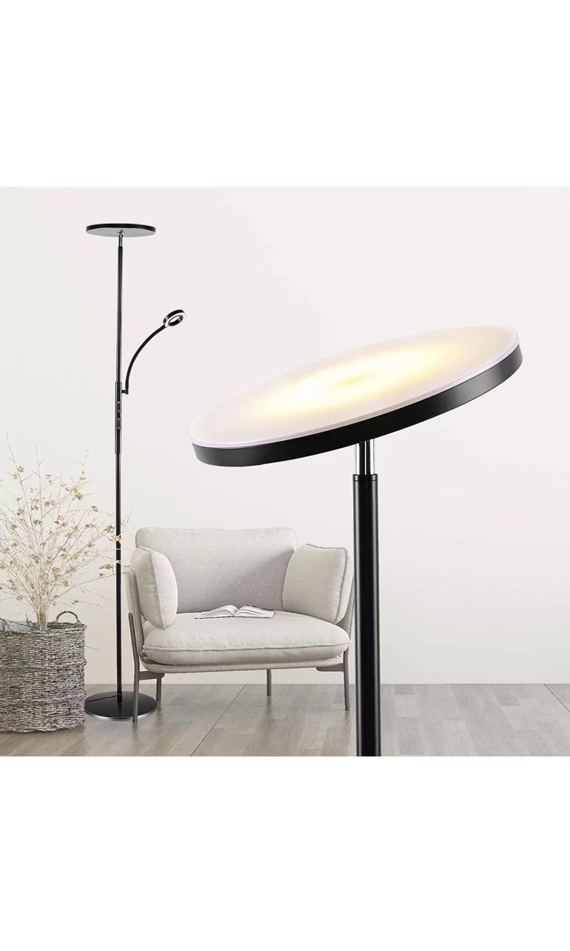 Floor Lamp, Dimmable LED Floor Lamp with 3 Color Temperatures, Timing Function, Torchiere Floor Lamp with Adjustable Side Reading Lamp, Use for Office