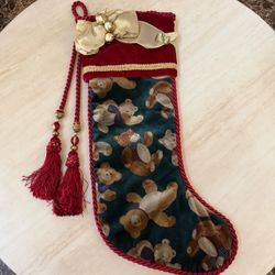 Vintage Joi Ellis Victorian Christmas Stocking Red Velvet Teddy Bear Tassel 23”