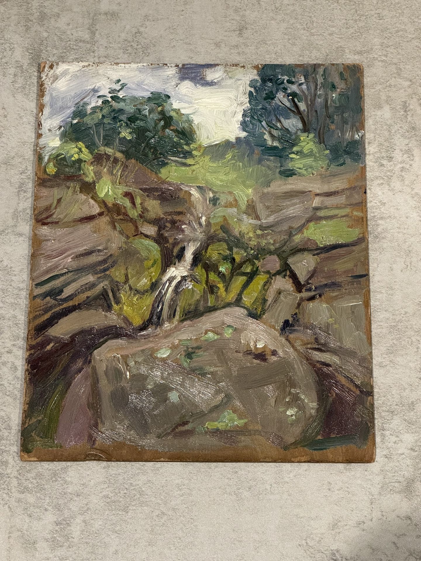 LOUISE KAMP (1(contact info removed)) Fantastic Rocky Waterfall Oil Painting (Listed, NY.)