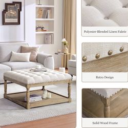 33-inch Large Square Ottoman Coffee Tables for Living Room, Tufted Upholstered Linen Ottoman with Storage Shelf and Solid Legs for Office Bedroom Farm