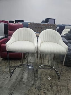 Modern Ivory Velvet Bar Stools Set of 2 With Chrome Base