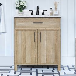 Bathroom Vanity Light Natural Oak 30" Single Sink Style Selections with White Engineered Stone Top