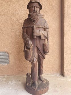 Large Vintage Carved Wood Traveler Man W/ Dog Wooden Indoor Outdoor Garden Statue w/Satchel Bags Hat Beard 32"